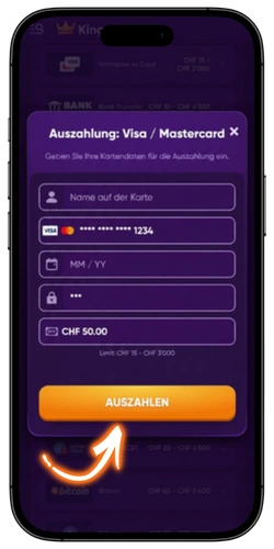 Kingmaker Casino Auszahlung Formular ausfüllen und Betrag bestätigen